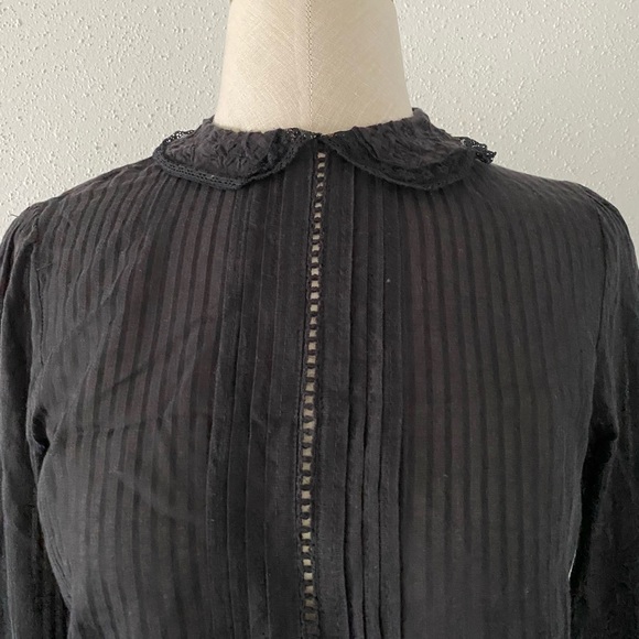 ZARA Woman Size Small Black Peter Pan Collar Chiffon Long Sleeve Blouse Crop Top - Picture 3 of 6